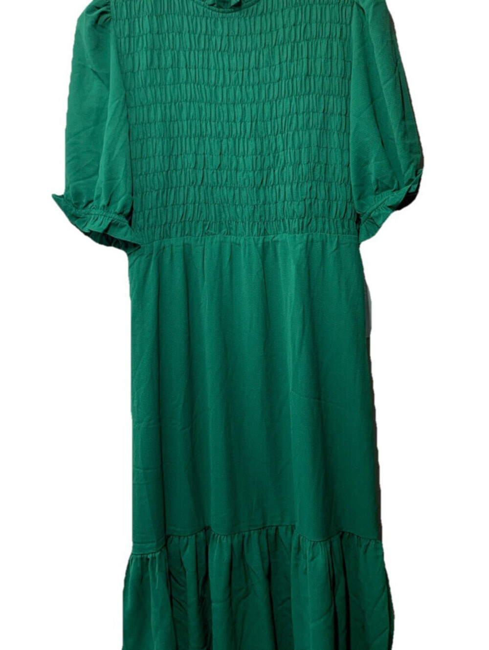 London Times Women's Smocked Bodice Ruffle Neck Puff Sleeve Midi Size 6 Green